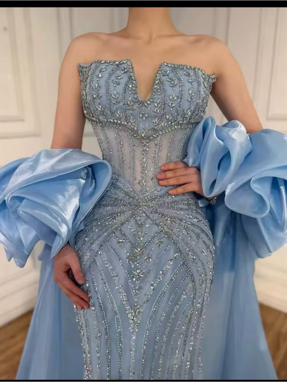 Strapless Light Blue Embellished Evening Dress with Dramatic Sleeves